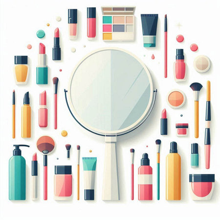Makeup background with cosmetics and mirror. Vector illustration in flat styleのイラスト素材