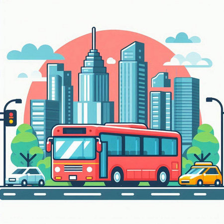 Cityscape with Bus and Skyscrapers. Vector illustration.のイラスト素材