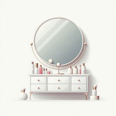Illustration of a mirror and cosmetics on a white wall background.のイラスト素材