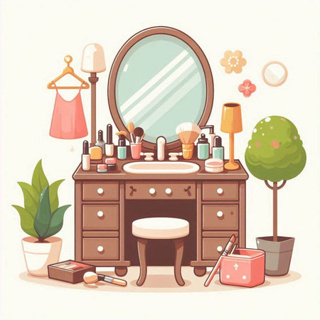 Vector illustration of a dressing table with a mirror and cosmetics in a flat styleのイラスト素材