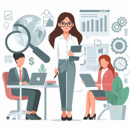 Vector illustration of business woman working in office. Teamwork concept.のイラスト素材