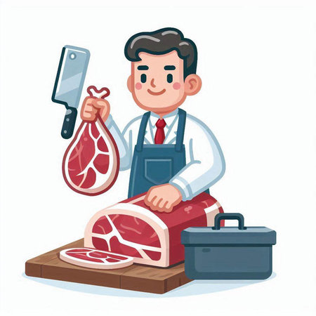 Butcher with meat and knife. Vector illustration in cartoon style.のイラスト素材