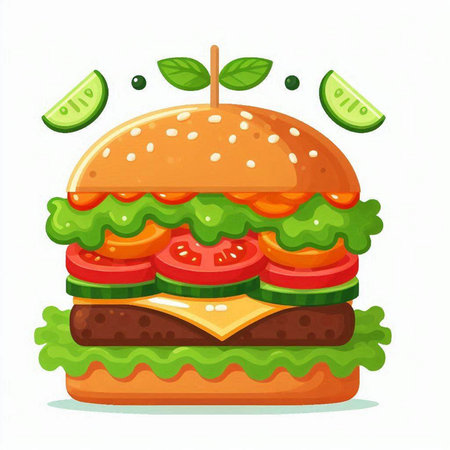 Hamburger with tomato, cucumber and lime. Vector illustration.のイラスト素材