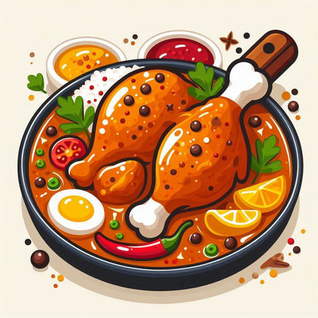 Chicken thighs with vegetables and eggs in a frying pan. Vector illustration.のイラスト素材