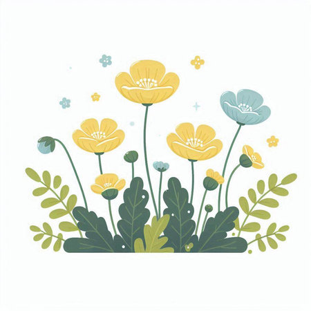 Floral background with yellow and blue poppies, vector illustrationのイラスト素材