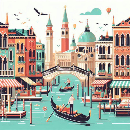 Venice, Italy cityscape with gondolas. Vector illustrationのイラスト素材