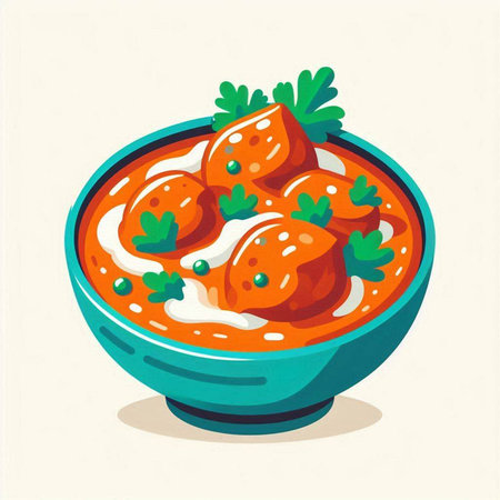 Illustration of a bowl of tomato soup with meatballs and parsleyのイラスト素材