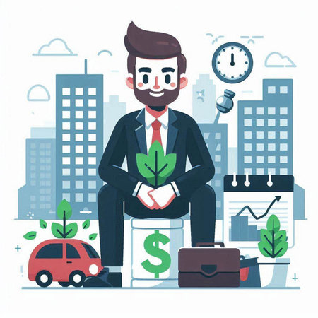 Businessman sitting on a pile of money in the city. Vector illustration.のイラスト素材