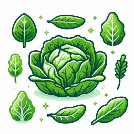 Cabbage and leafs set. Vector illustration in cartoon style.のイラスト素材