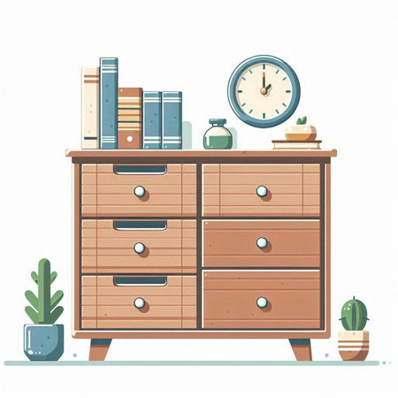 Wooden chest of drawers with books, clock and cactus. Vector illustration.のイラスト素材