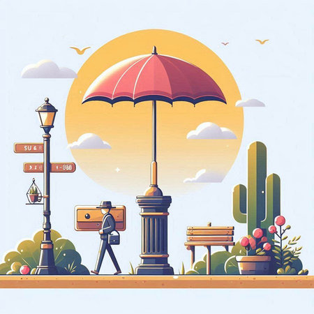 Businessman with an umbrella on the street. Vector illustration in retro styleのイラスト素材