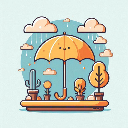 Umbrella and plants in the rain. Vector flat illustration.のイラスト素材