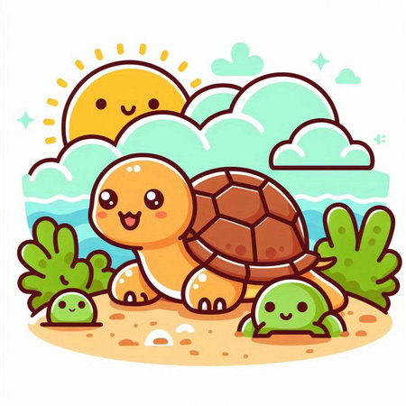 Cute cartoon turtle in the sand on a sunny day. Vector illustrationのイラスト素材