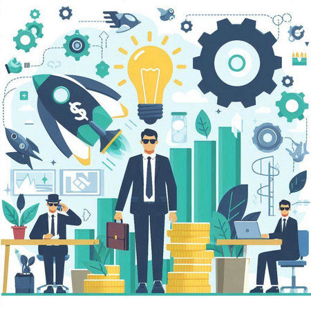 Vector flat illustration of a start up business. Businessman with a briefcase in his hands.のイラスト素材