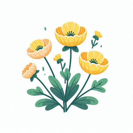 Hand drawn vector illustration of yellow buttercup flowers isolated on white background.のイラスト素材