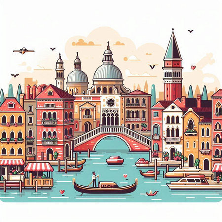 Venice, Italy. Vector colorful hand drawn illustration with gondolas and canalsのイラスト素材