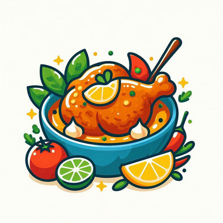 Cute vector illustration of baked chicken in a bowl with lemons and oranges.のイラスト素材