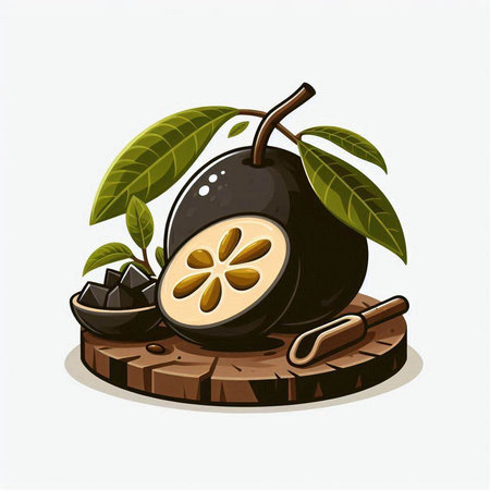 Fresh sapodilla fruit with leaves on wooden stump. Vector illustration.のイラスト素材