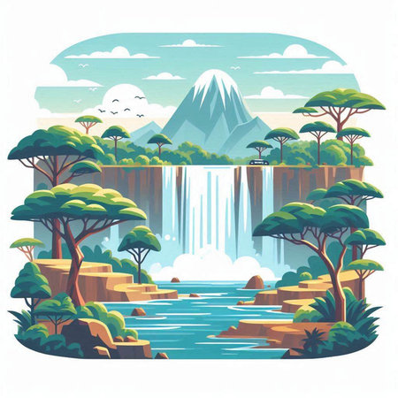 Landscape with waterfall and forest. Vector illustration in cartoon style.のイラスト素材