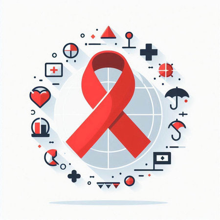 Red ribbon with world aids day concept. Vector illustration in flat styleのイラスト素材