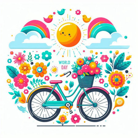Bicycle with flowers, sun and rainbow. Vector illustration in flat styleのイラスト素材