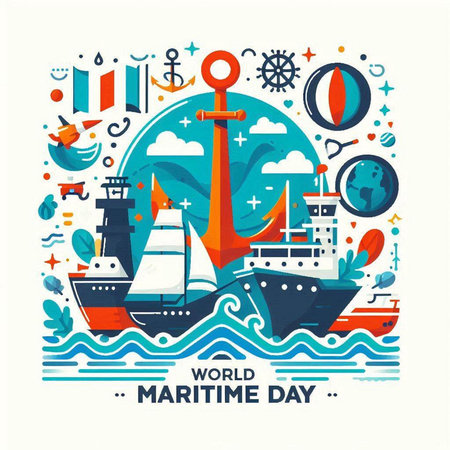 World Maritime Day banner with ship and anchor. Flat style vector illustration.のイラスト素材