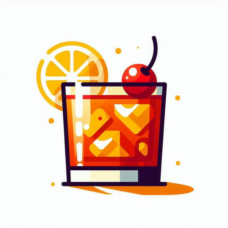 Cocktail icon. Vector illustration of a glass of cocktail with orange and cherry.のイラスト素材