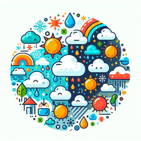 Colorful flat illustration with sun, clouds, raindrops and sun.のイラスト素材