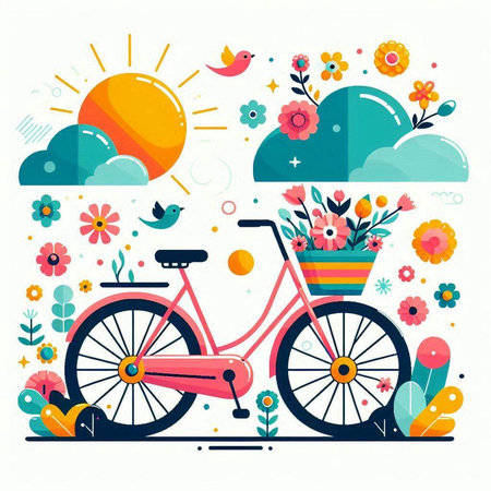Bicycle with flowers, sun and birds. Vector flat illustration.のイラスト素材