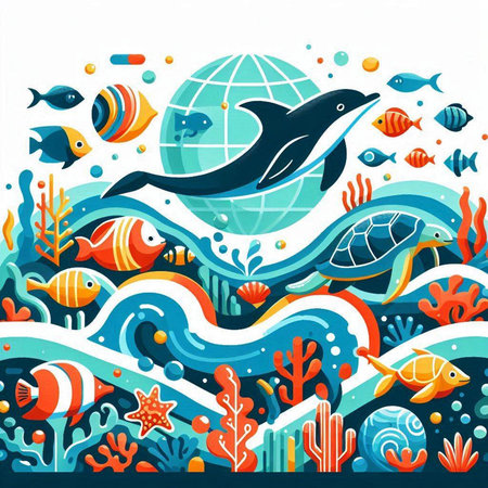 Underwater world with fish, seaweed and whale. Vector illustrationのイラスト素材
