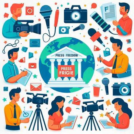 Journalist, journalist, reporter, cameraman, journalist, journalist, journalist. Vector illustration.のイラスト素材