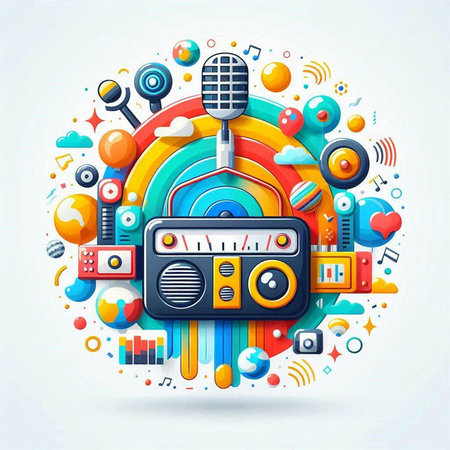 Vector illustration of colorful music concept with radio, headphones and icons.のイラスト素材