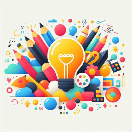 Creative idea concept with pencils and light bulb. Vector illustration.のイラスト素材