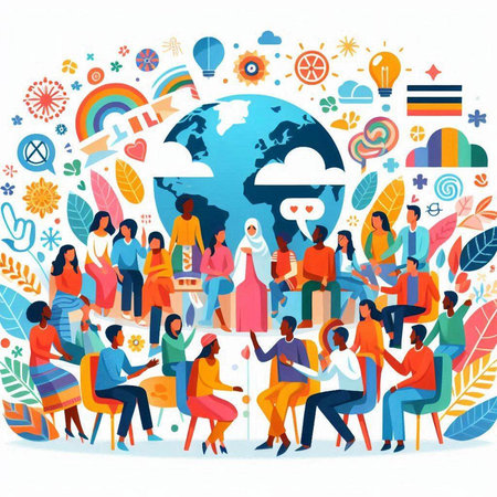 Group of diverse people sitting around the world with social media icons. Social network concept. Vector illustrationのイラスト素材