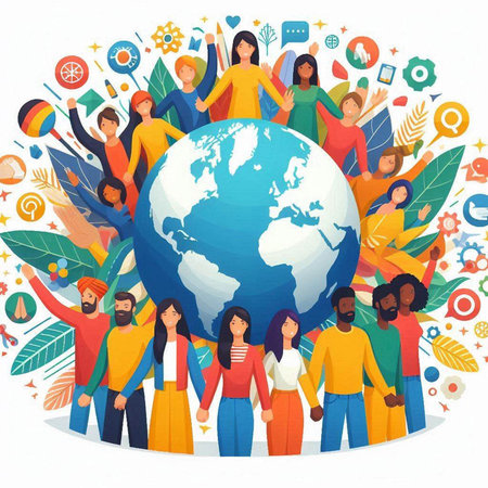 Group of international people around the globe. Vector illustration in flat styleのイラスト素材