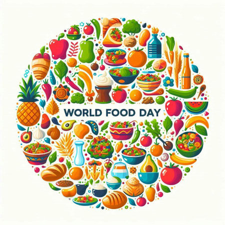 World food day poster with healthy food icons in circle shape. Vector illustrationのイラスト素材