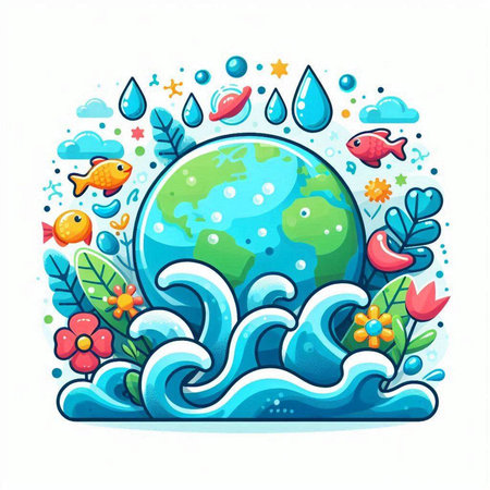 Cartoon vector illustration of Earth planet with fish and flowers in the clouds.のイラスト素材