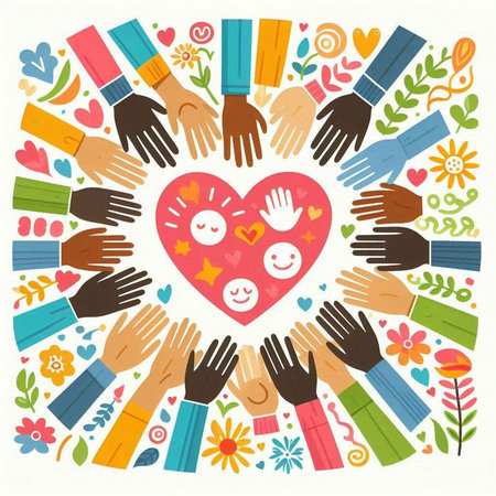 Hand drawn vector illustration of happy group of diverse hands holding heart shapeのイラスト素材