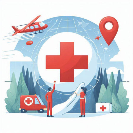 First aid kit and doctors. Vector illustration in flat style. The concept of healthcare and medicine.のイラスト素材