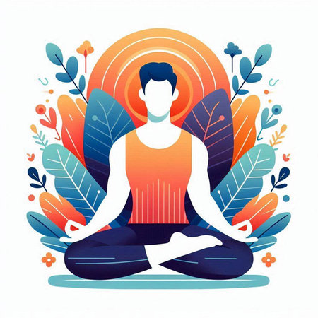 Woman meditating in lotus pose. Colorful background. Vector illustration.のイラスト素材