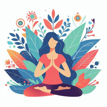 Vector illustration of yoga girl in lotus position with floral background.のイラスト素材