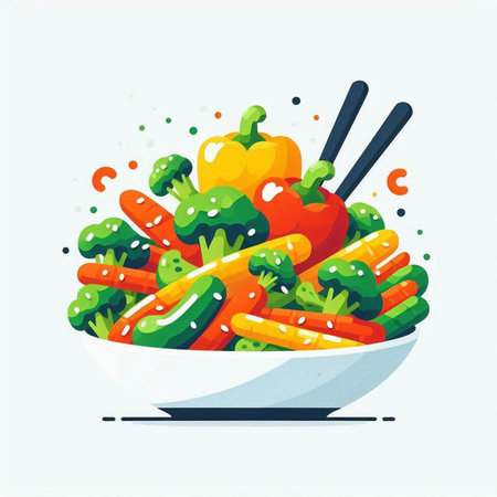 Vegetable salad in bowl with chopsticks. Vector illustration.のイラスト素材