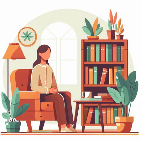 Woman sitting in armchair with cup of coffee and bookshelf. Flat vector illustration.のイラスト素材