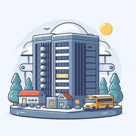 City street with buildings, bus and cars. Vector illustration in flat styleのイラスト素材