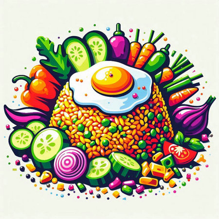 Fried egg with vegetables. Healthy food concept. Vector illustration.のイラスト素材
