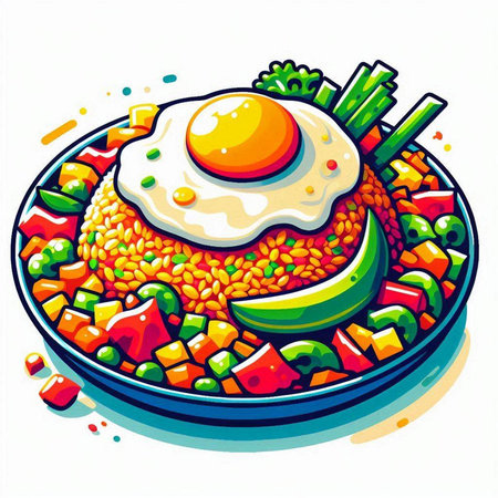 Illustration of a bowl of rice with fried egg and vegetables.のイラスト素材