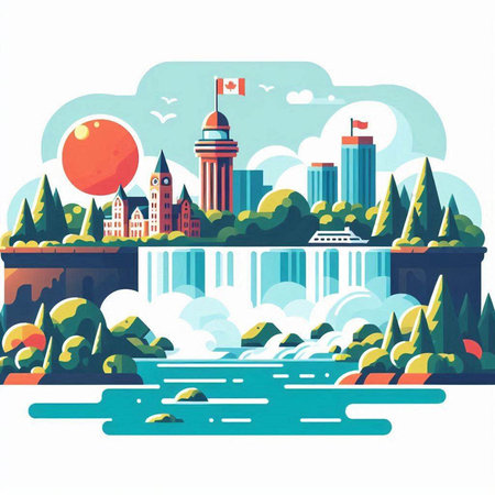 Waterfall in the city. Vector illustration in flat design style.のイラスト素材