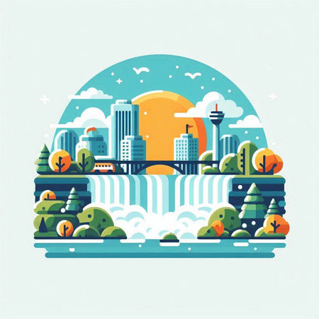 vector illustration of modern city landscape with river and trees in flat styleのイラスト素材
