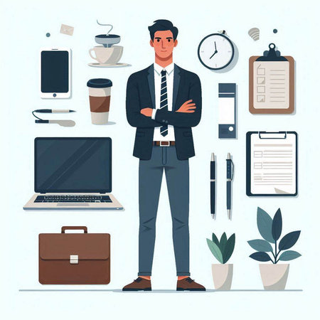 Businessman and office objects. Vector illustration in flat cartoon style.のイラスト素材