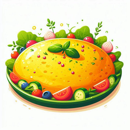 Illustration of omelet with vegetables on a white background.のイラスト素材